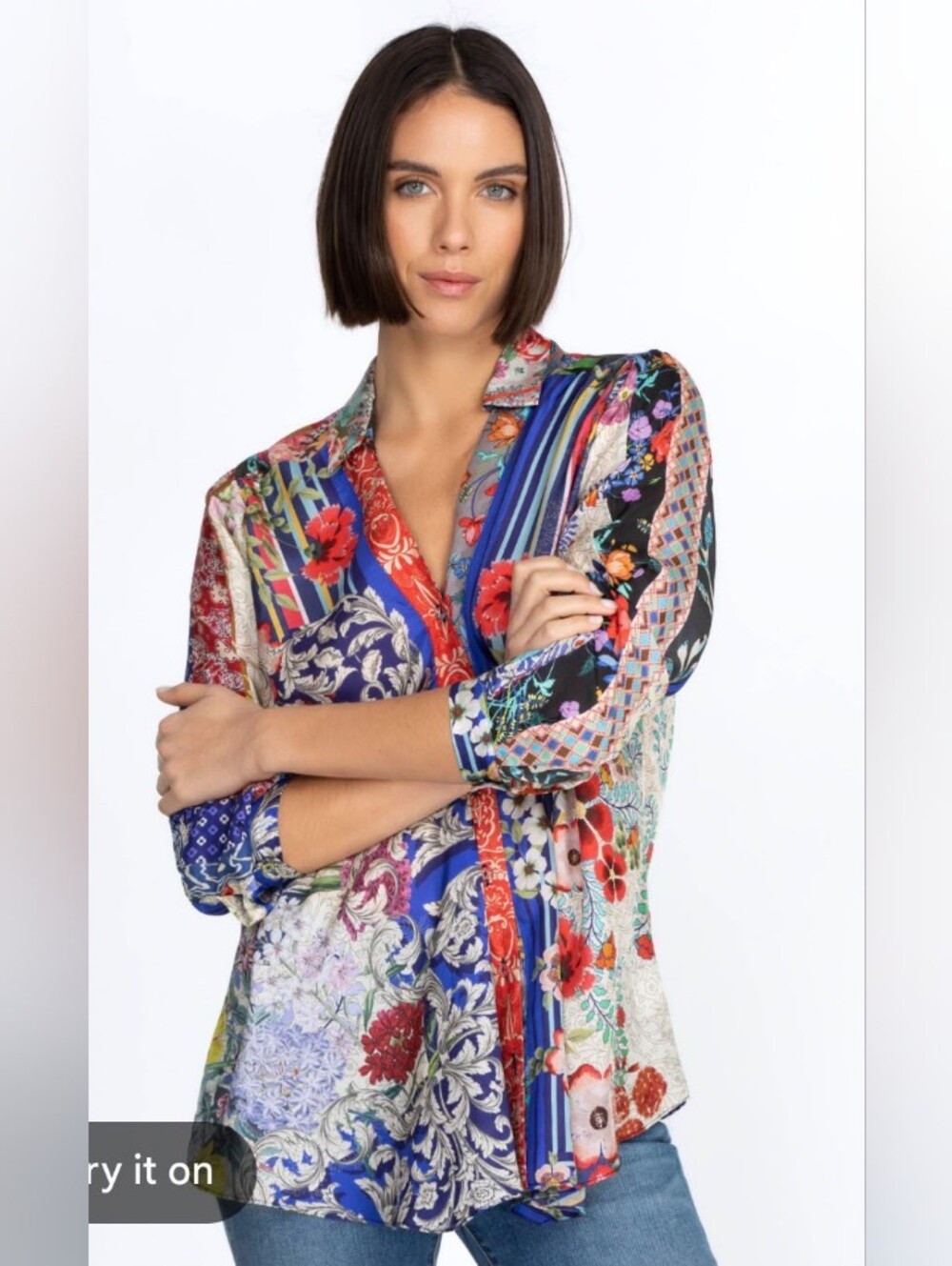 Johnny Was Multicolor Floral & Stripe Patchwork Button-Down Shirt